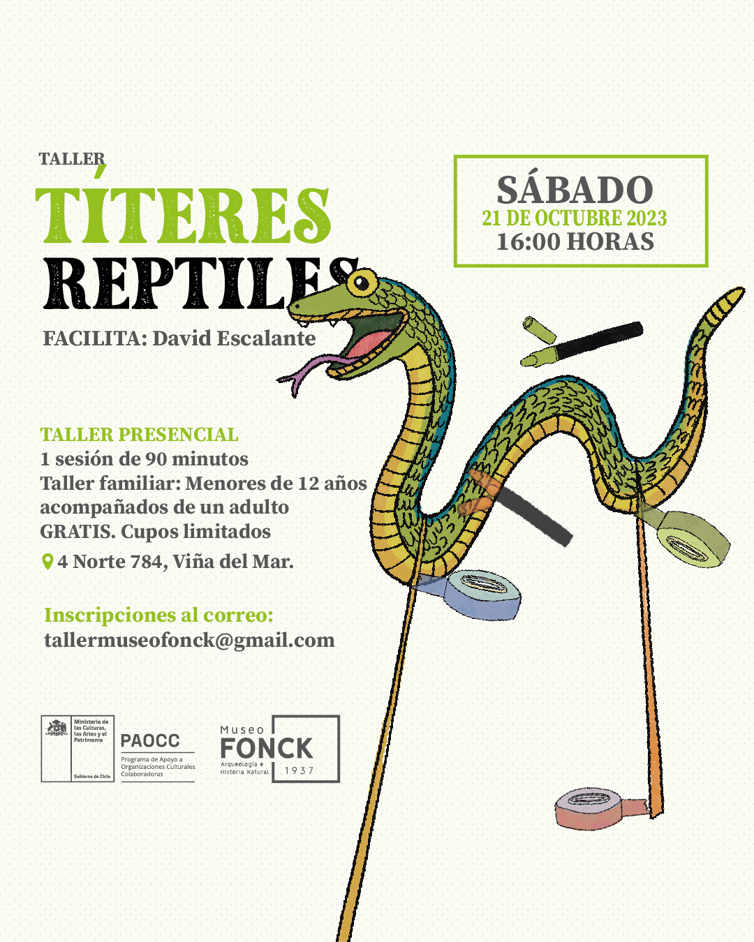 Museo Fonck te invita a participar de taller gratuito para fabricar un títere inspirado en un reptil